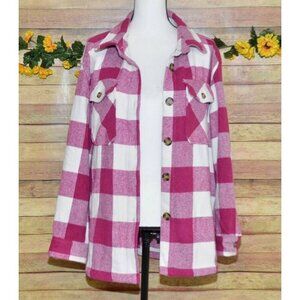 Plum Purple & White Plaid Shacket Jacket Ladies L Pockets Collared Warm Casual
